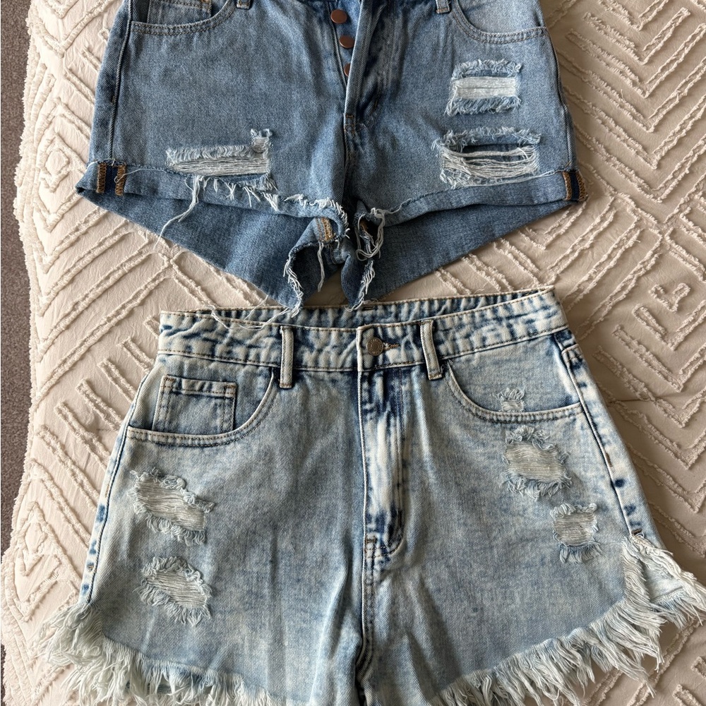 Fashion Nova Distressed Light Blue Denim Shorts Duo